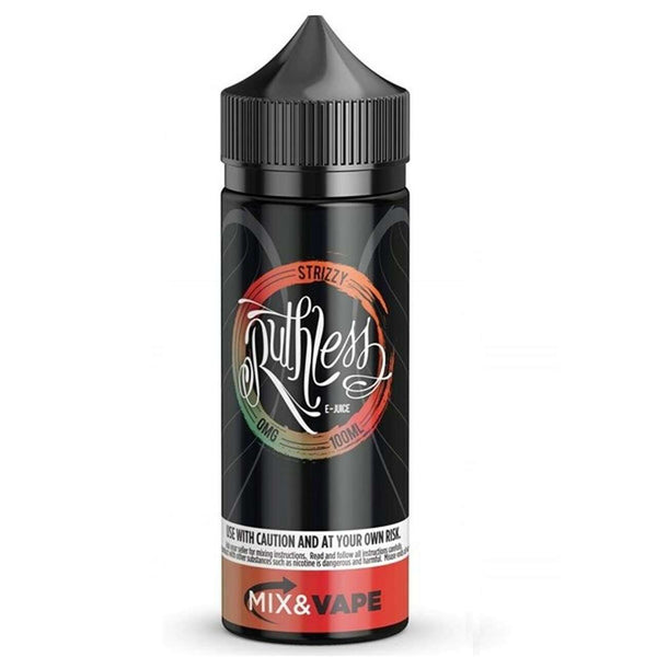 A 100ml bottle of Strizzy Ruthless e-liquid with a black and red label, indicating a nicotine-free product with a high VG/PG ratio.