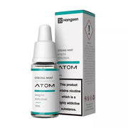 A bottle of Strong Mint Hangsen e-liquid next to its packaging box. The bottle has a white cap and a label with green and white accents, while the box is primarily white with green and black accents and includes a warning about nicotine content.