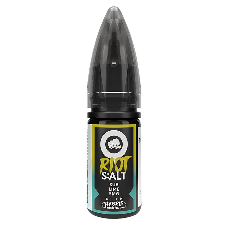 Bottle of Sub Lime Riot Squad Punx Nic Salts with vibrant green‑yellow packaging featuring bold lime graphics, prominent Punx logo, and available in 5 mg, 10 mg, or 20 mg nicotine strengths, designed for nicotine salt vape devices.