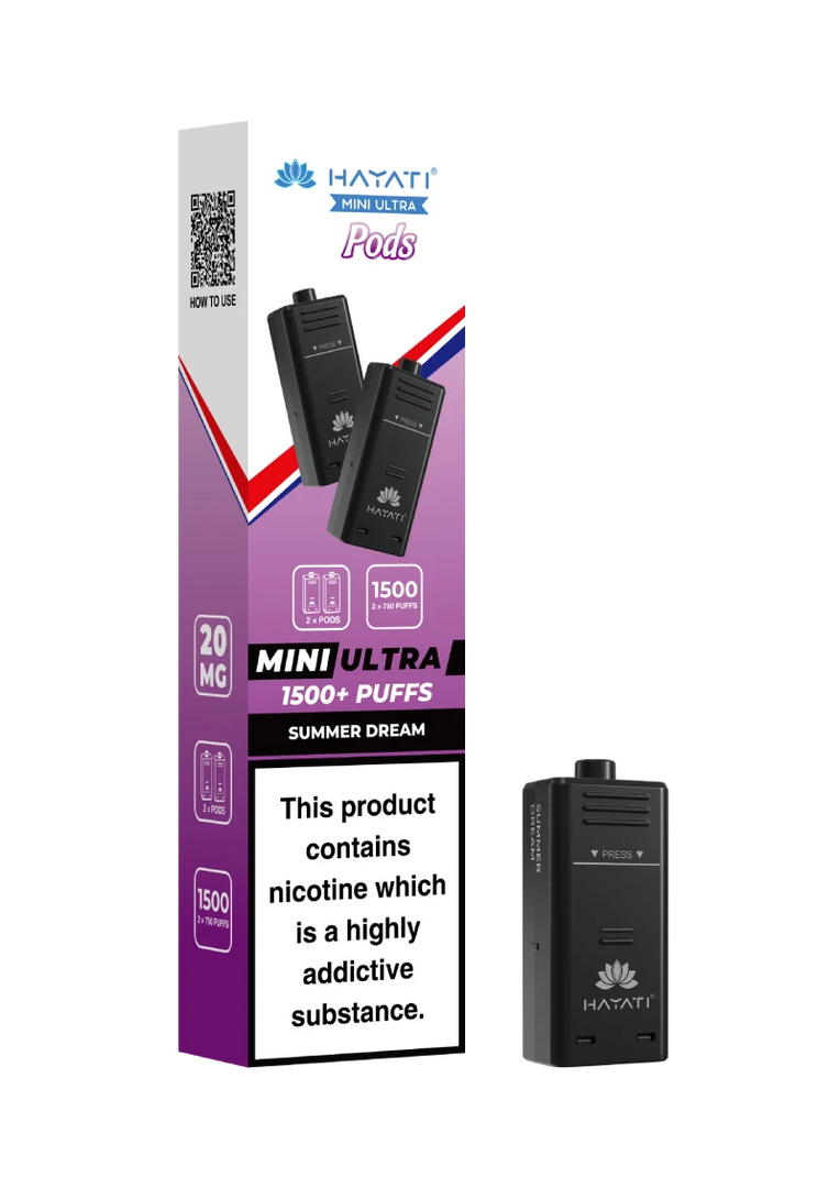 Hayati Mini Ultra 1500 Summer Dream prefilled pods compatible with the Mini Ultra device, available in various flavours
