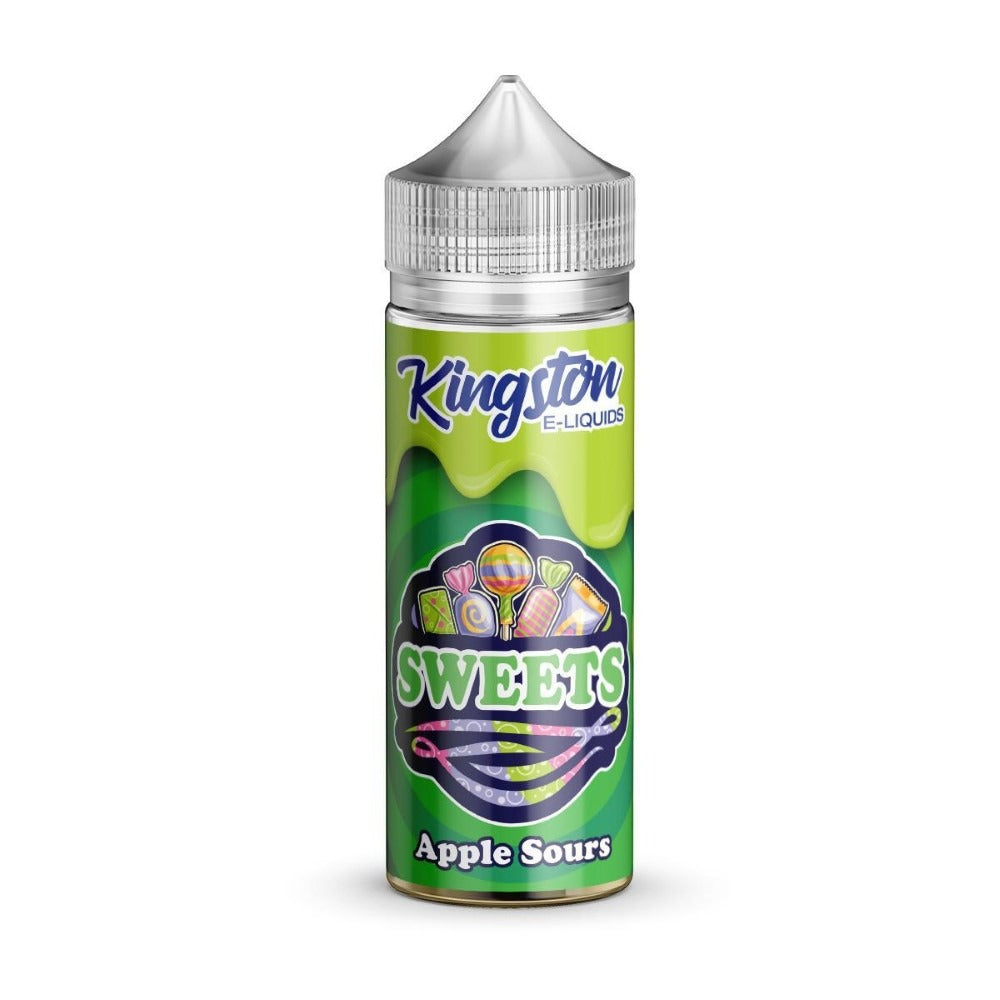 A 100ml bottle of Sweet - Apple Sours Kingston nicotine-free e-liquid by ONEID Kingston. The bottle is labeled with the brand and flavor name, and has a childproof cap.