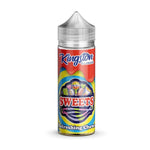 Load image into Gallery viewer, A colorful bottle of Kingston Nicotine Free E Liquid with a label that reads &#39;Sweets - Refreshing Chews&#39;. The liquid is 100ml, 0mg nicotine, and is designed for vaping.
