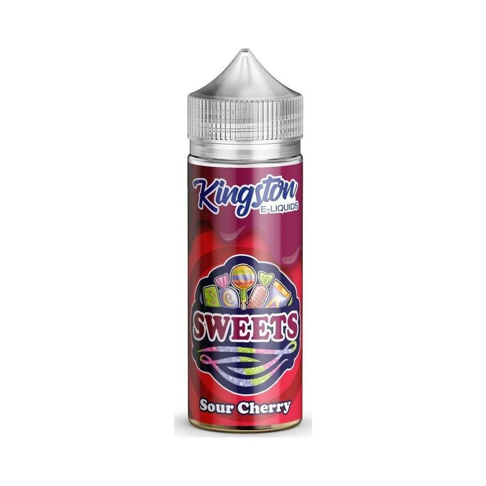 A bottle of Kingston Nicotine Free E Liquid with a Sweet - Sour Cherry flavor. The liquid is 0mg nicotine content and comes in a 100ml bottle.