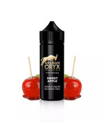 Load image into Gallery viewer, A 100ml bottle of Sweet Apple flavored ARABIAN ORYX E Liquid with a black cap, displayed alongside two apple candies on sticks. The label indicates the flavor and nicotine content of the juice.
