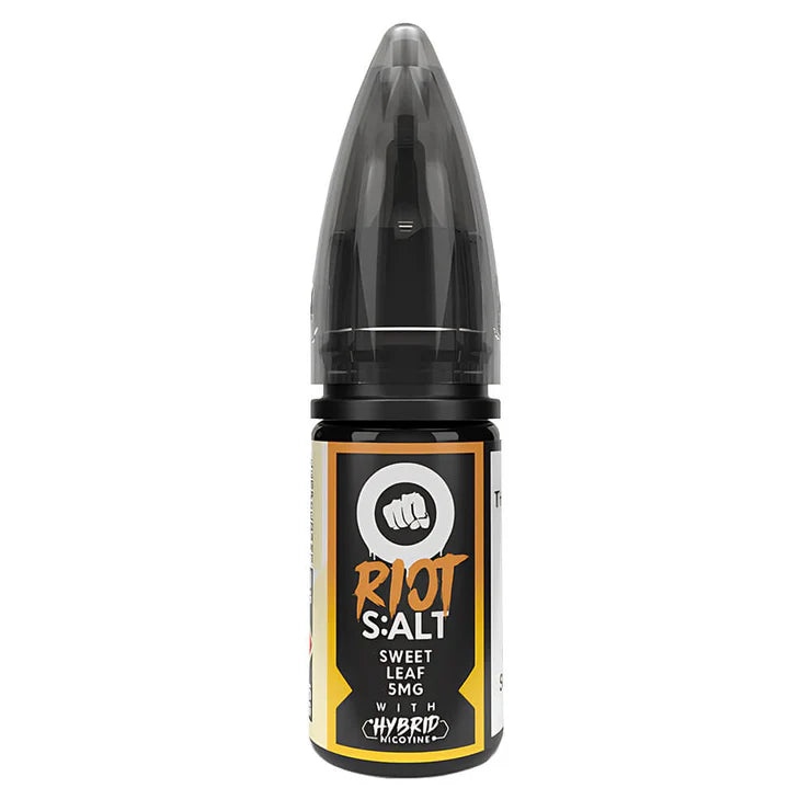 Bottle of Sweet Leaf Riot Squad Punx Nic Salts with rich green packaging featuring subtle sweet leaf motifs, prominent Punx branding, and nicotine strength options of 5 mg, 10 mg, or 20 mg, designed for nicotine salt vape devices.
