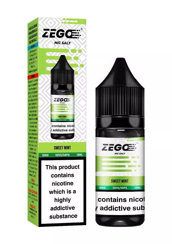 A product image showing a Zego Nic Salt e-liquid bottle in a green and black color scheme, with branding and nicotine warning labels, alongside its packaging box which has similar branding and information.