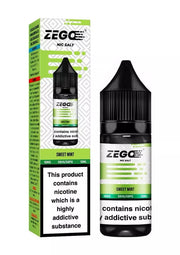A product image showing a Zego Nic Salt e-liquid bottle in a green and black color scheme, with branding and nicotine warning labels, alongside its packaging box which has similar branding and information.