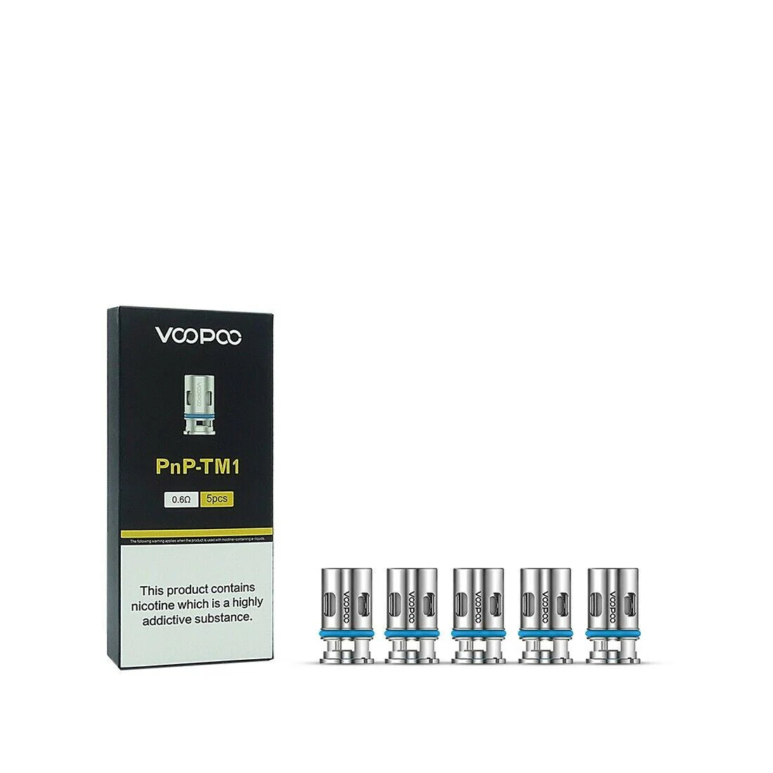 Pack of 5 Voopoo PnP-TM1 mesh coils 0.6Ω, designed for a balance of flavor and vapor production, ideal for restricted direct-to-lung (RDL) vaping, compatible with Voopoo PnP pod systems, and built for long-lasting performance.