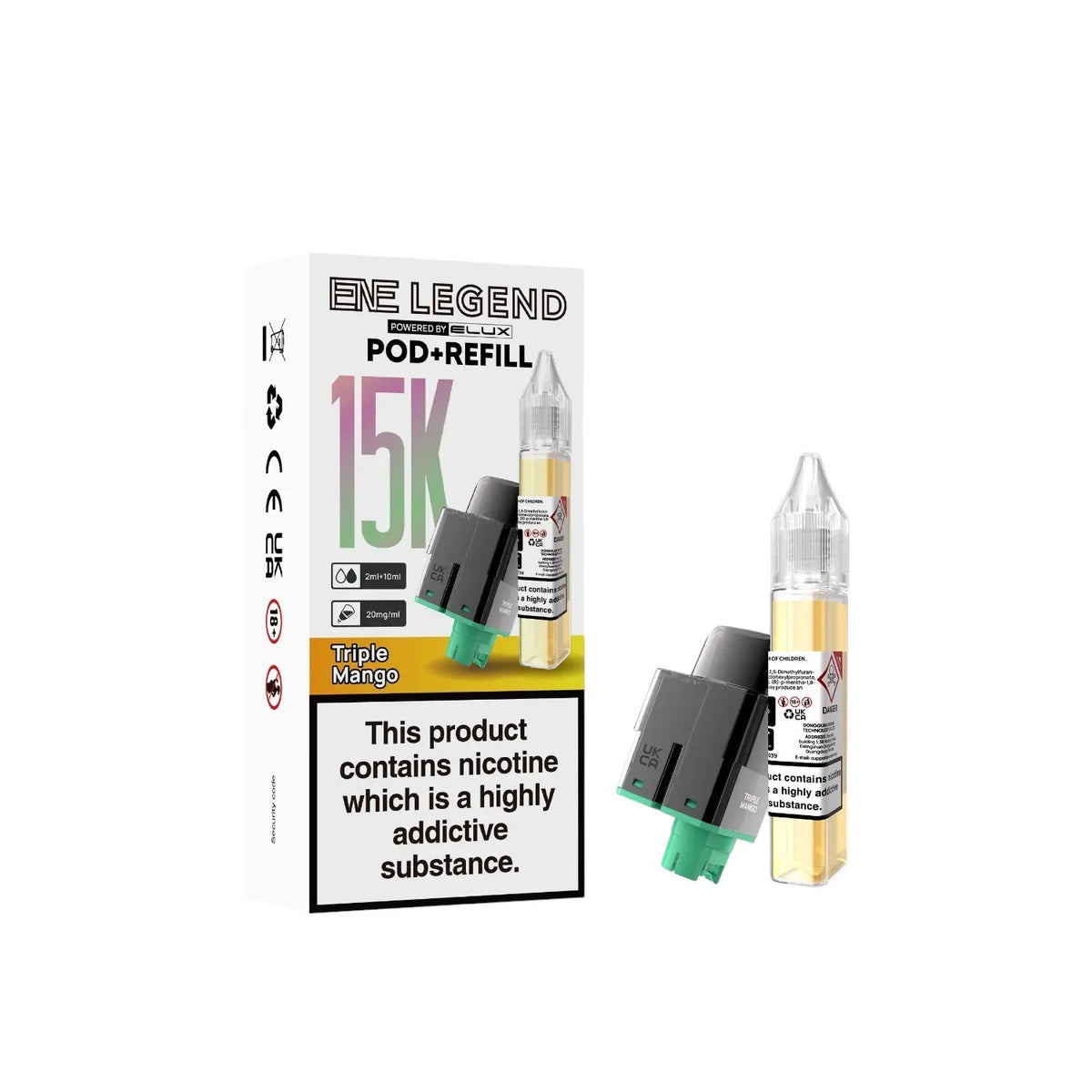 Elux ENE Legend 15K Prefilled Pods in Triple Mango – replacement prefilled pods with 2ml e-liquid capacity.
