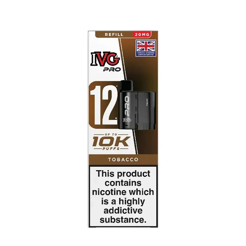 IVG Pro 12 prefilled vape pods in Tobacco flavor, offering a refreshing mint taste with a convenient disposable design
