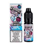Packaging for Seriously Salty Fusionz Triple Berry Ice Nic Salt E-Liquid, featuring a 10ml bottle with childproof cap, alongside a box with branding and flavor information.