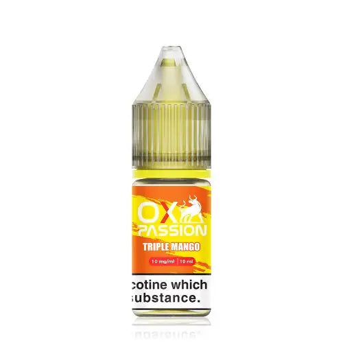 Bottle of Triple Mango OXVA Ox Passion Nic Salt featuring vibrant golden-orange packaging accented with bold tropical mango graphics, the distinctive OXVA logo and 'Ox Passion' flavor label in sleek typography—designed for nicotine salt vape devices.