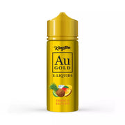 Bottle of Kingston AU Gold Tropical Fruit Ice 100 ml shortfill e‑liquid featuring glossy metallic gold packaging with prominent AU Gold logo, vibrant illustrations of tropical fruits such as pineapple, mango, passionfruit, guava, and kiwi, accented by frosted menthol or ice motifs—crafted for sub‑ohm vaping with a 70VG/30PG blend for rich vapor and flavor