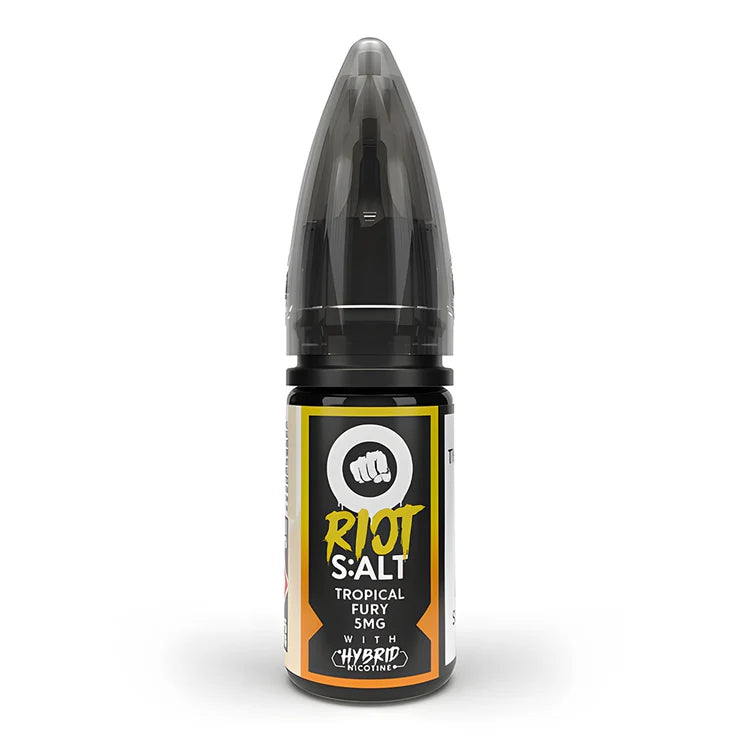 Bottle of Tropical Fury Riot Squad Punx Nic Salts featuring vivid tropical-themed orange, yellow, and green packaging with bold fruity graphics, prominent Punx logo, and nicotine strength options of 5 mg, 10 mg, or 20 mg, designed for nicotine salt vape devices.