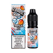 A 10ml bottle of Seriously Salty Fusionz Tropical Ice Nic Salt E-Liquid with a colorful label featuring strawberries, blueberries, and raspberries, and a black dropper cap.