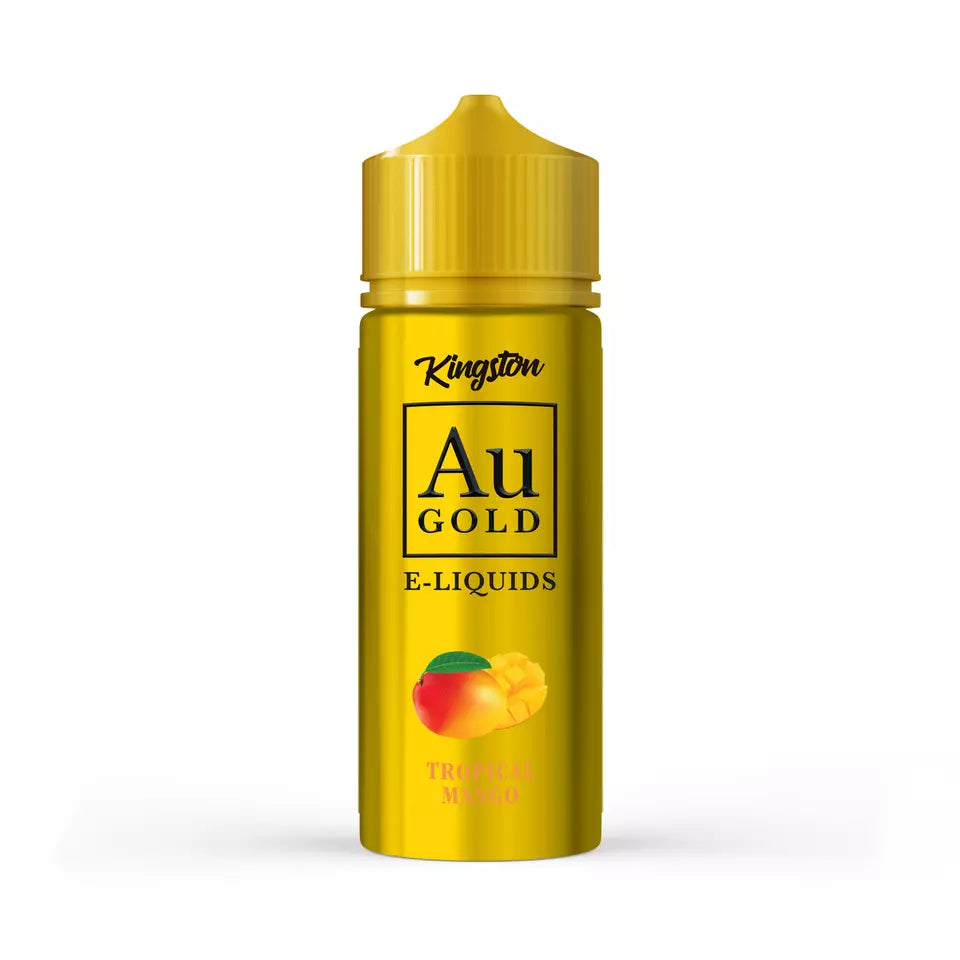 A 100ml bottle of Kingston AU Gold E-Liquids with a tropical mango flavor theme, featuring a gold color scheme and an image of a mango.