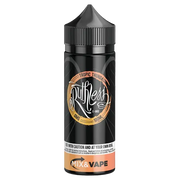 A 100ml bottle of Tropical Thunder Ruthless Vape Juice with a label indicating it is a product by Ruthless. The bottle is black with a graphic design in a metallic finish.
