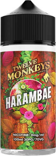 A bottle of Harambae Twelve Monkeys 100ml Shortfill 0mg Nicotine Vape Juice with a colorful label featuring floral patterns and monkey graphics.