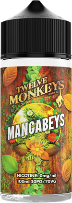 Load image into Gallery viewer, A 100ml bottle of Mangabeys Twelve Monkeys vape juice with a colorful label featuring images of pineapples, mangoes, and guavas, indicating a tropical flavor.
