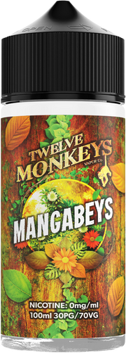 A 100ml bottle of Mangabeys Twelve Monkeys vape juice with a colorful label featuring images of pineapples, mangoes, and guavas, indicating a tropical flavor.