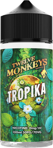 A bottle of Tropika Twelve Monkeys 100ml Shortfill 0mg Nicotine Vape Juice with a colorful label featuring exotic fruits and leaves.