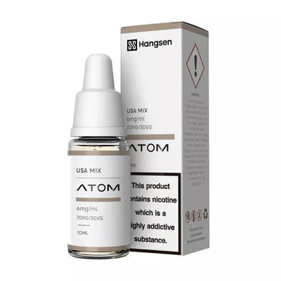 A bottle of Hangsen USA Mix e-liquid with a nicotine strength of 18mg/10ml, alongside its packaging box which warns about nicotine content.