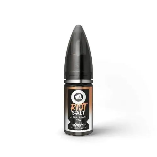 Bottle of Ultra Peach Tea Riot Squad Punx Nic Salts with vibrant peach-orange packaging, featuring iced tea and peach graphics, prominent Punx branding, and nicotine strength options of 5 mg, 10 mg, or 20 mg, made for nicotine salt vape devices.
