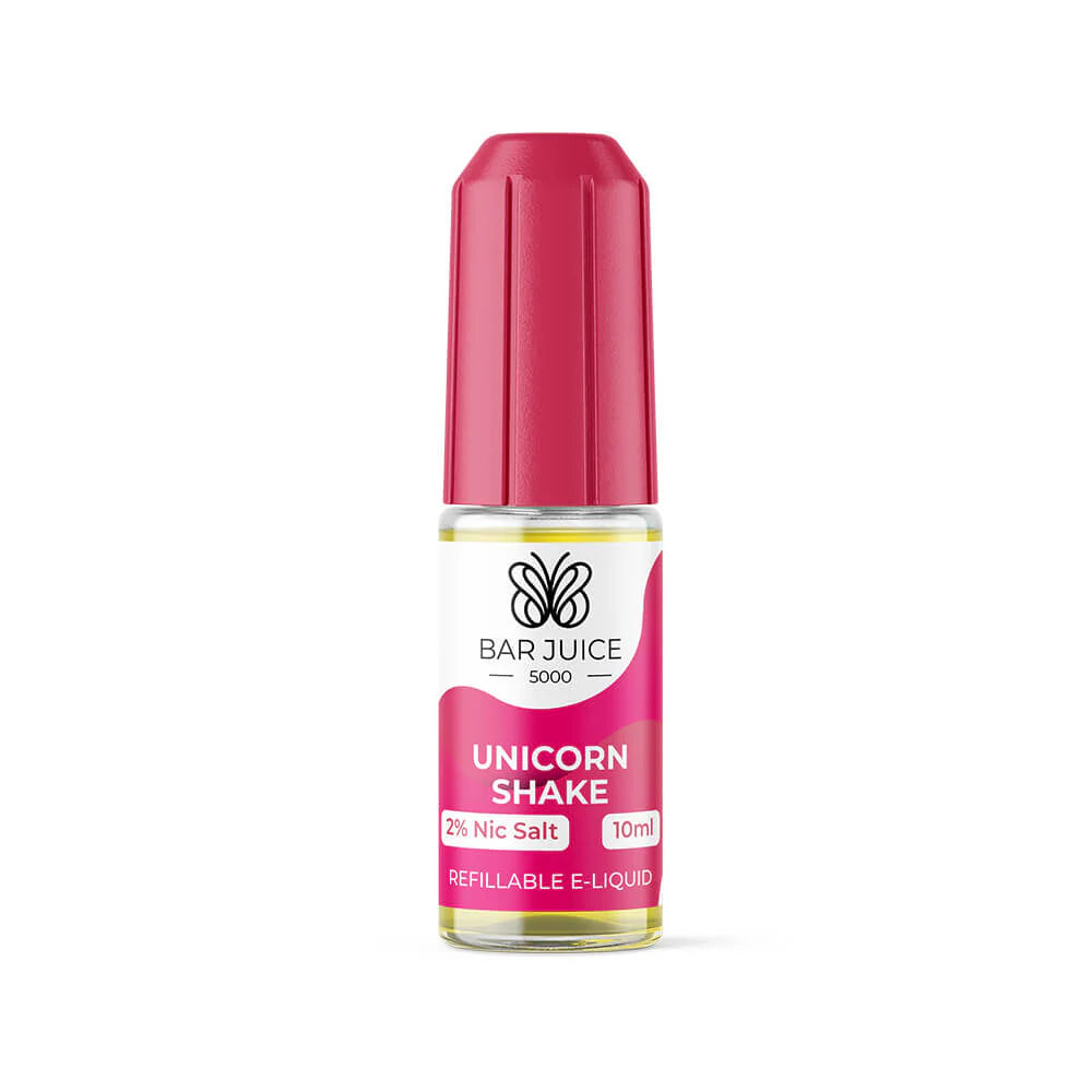 A product image showing the packaging and a bottle of Bar Juice 5000 Unicorn Shake Nic Salt Vape juice. The packaging is predominantly pink and white with text and branding, and the bottle is pink with a white label.