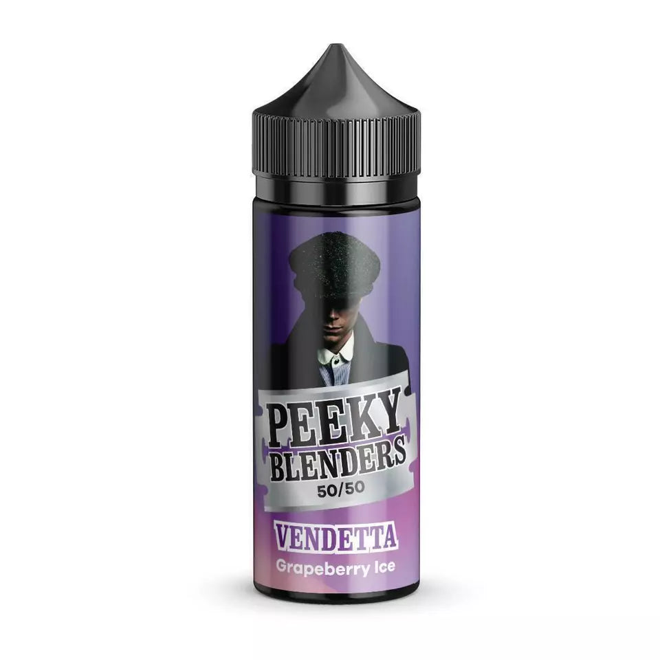 A 100ML bottle of Vendetta Grapeberry Ice Vape Juice by Peeky Blenders with a label featuring a purple color scheme and an image of a man in a suit. The product is indicated as 0mg nicotine strength and has a 50/50 VG/PG ratio.