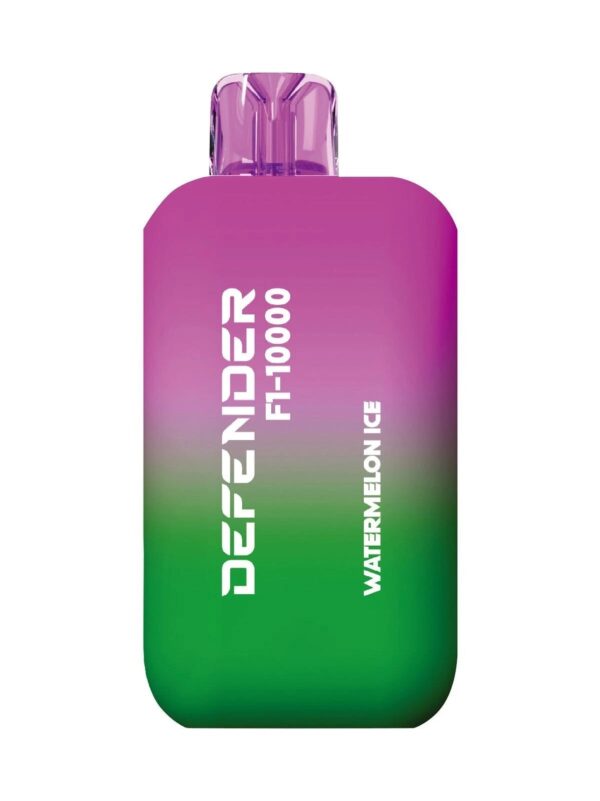 Defender F1-10000 Prefilled Pods in Watermelon Ice flavor, featuring a gradient green and purple design with a transparent mouthpiece.