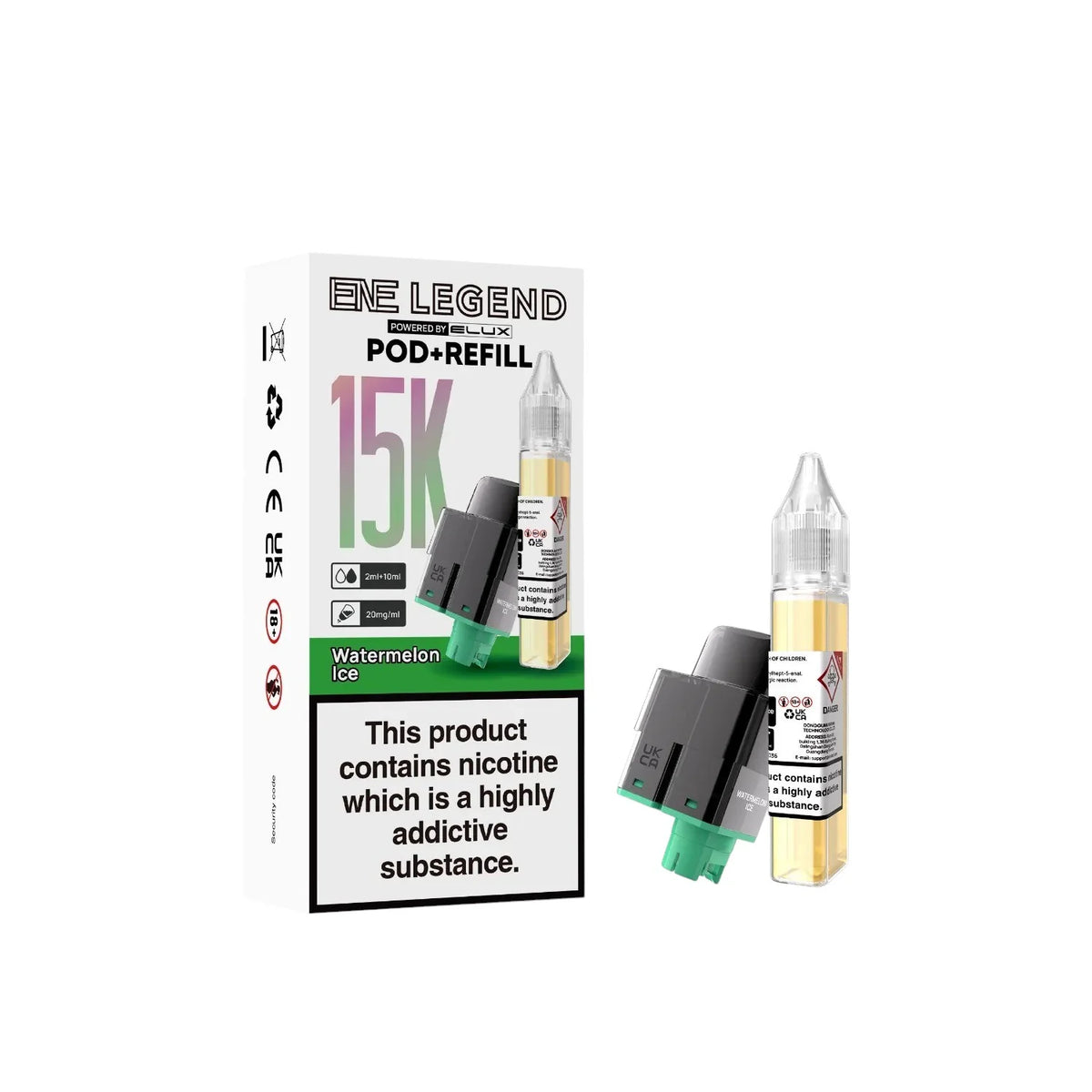 Elux ENE Legend 15K Prefilled Pods in Watermelon Ice – replacement prefilled pods with 2ml e-liquid capacity.