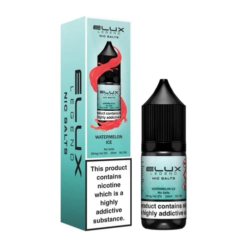 A pack of 10x 10ml Elux Legend Nic Salt E-Liquid bottles in Watermelon Ice flavor, with nicotine strengths of 10mg and 20mg, displayed alongside the product box.