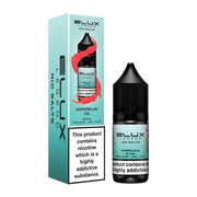 A pack of 10x 10ml Elux Legend Nic Salt E-Liquid bottles in Watermelon Ice flavor, with nicotine strengths of 10mg and 20mg, displayed alongside the product box.