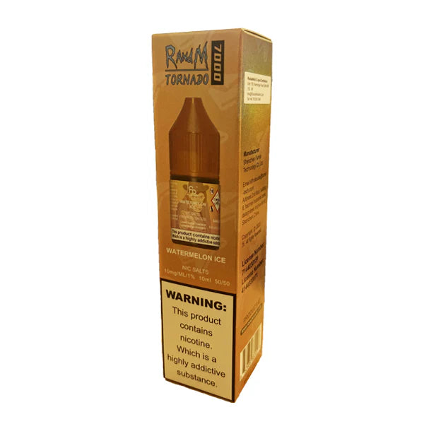 A 10ml bottle of R&M Nic Salt E Liquid with watermelon ice flavor, in a brown packaging box with product information and warnings.