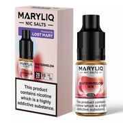 Packaging and bottle of Watermelon Ice MARY LIQ by Lost Mary E Liquid - Nic Salt Vape Juice 10ml/20mg/ml, featuring a watermelon slice image and product details.