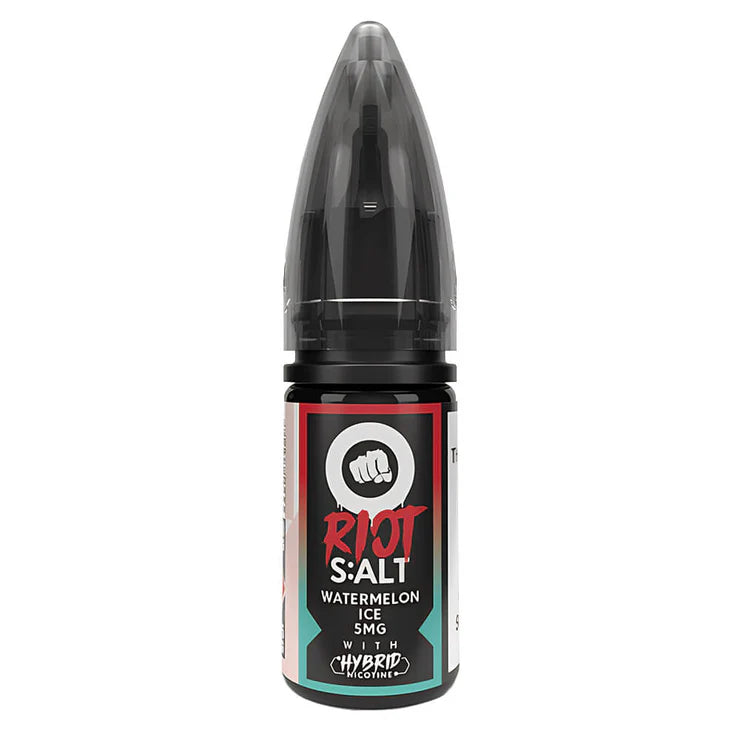 Bottle of Watermelon Ice Riot Squad Punx Nic Salts with bold pink and green packaging, featuring icy watermelon graphics, prominent Punx branding, and available in 5mg, 10mg, or 20mg nicotine strengths, made for nicotine salt vape devices