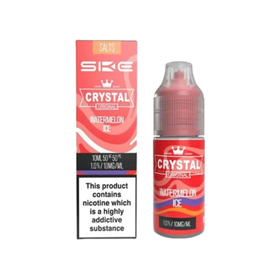 A 10ml bottle of SKE Crystal Watermelon Ice e-liquid with a red and white label, indicating nicotine content and product flavor.