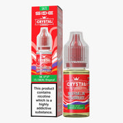 A 10ml bottle of SKE Crystal Nic Salt E Liquid with a label indicating Watermelon Strawberry flavor. The packaging is predominantly red and white with images of watermelon and strawberries, and a warning about nicotine content.