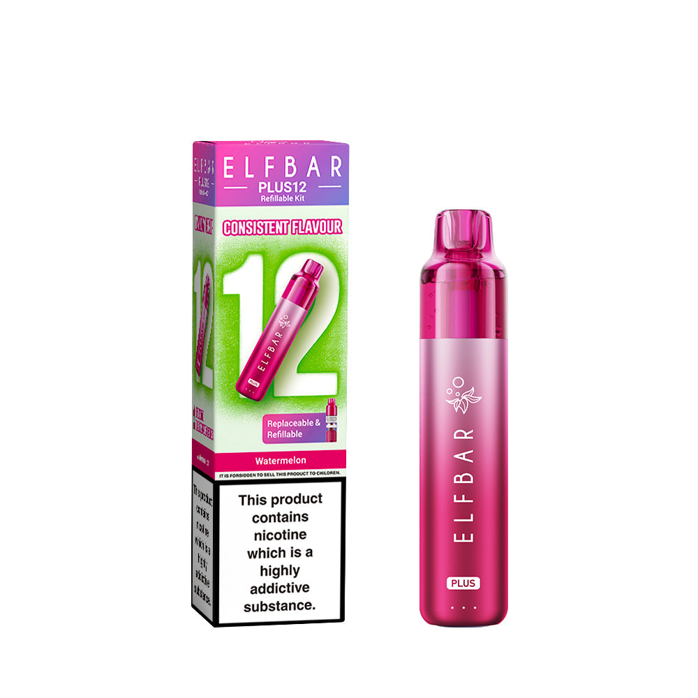 Elf Bar Plus 12 in Watermelon – long-lasting rechargeable vape with up to 12,000 puffs and smooth MTL performance.
