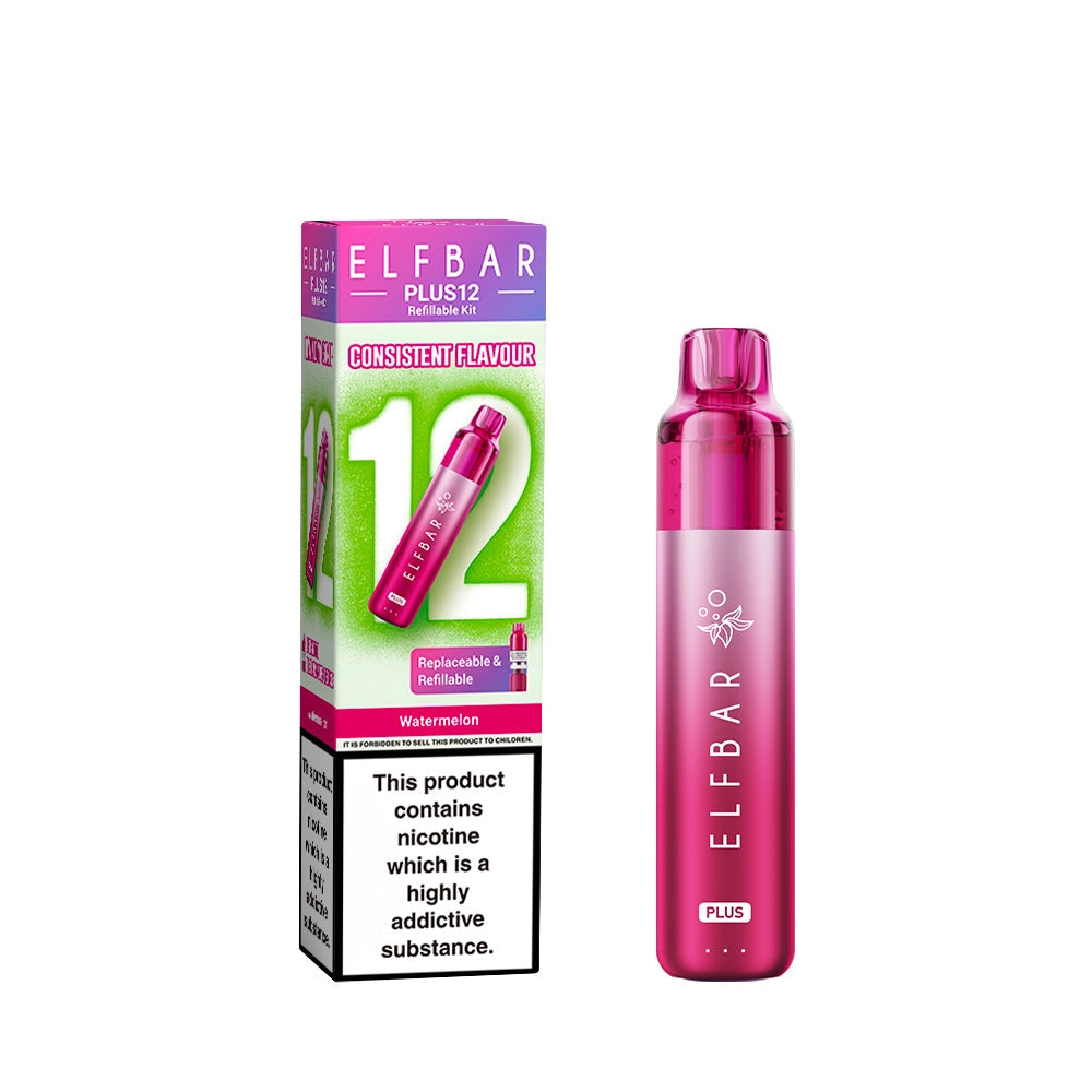 Elf Bar Plus 12 in Watermelon – long-lasting rechargeable vape with up to 12,000 puffs and smooth MTL performance.