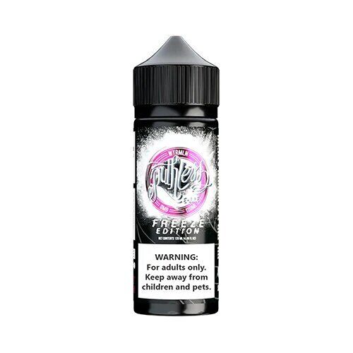 A 100ml bottle of Watermelon Ruthless e-liquid with a nicotine warning label, featuring a black label with pink and white text and graphics.