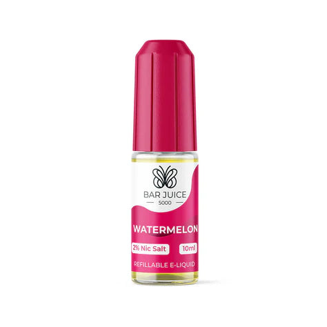 Bar Juice 5000 e-liquid bottle in Watermelon flavor, with a pink and white label, indicating 10ml capacity, 50/50 VG/PG nicotine strength, and product information.