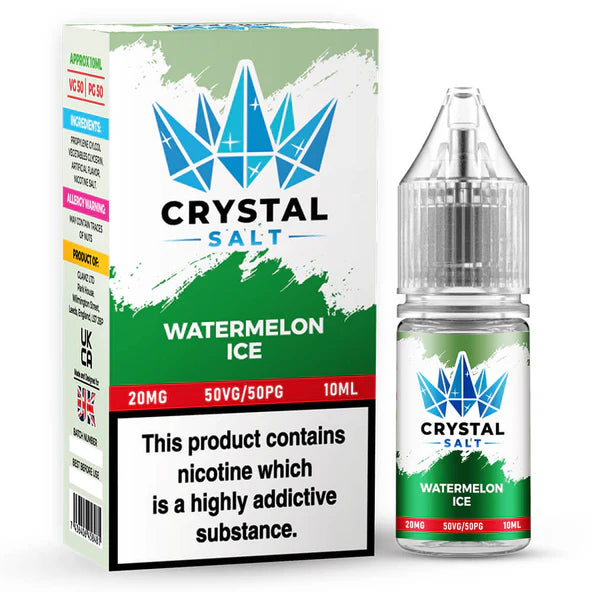 Crystal Salt Nic Salt E-Liquid bottle in Watermelon Ice flavor with nicotine strength labeling.