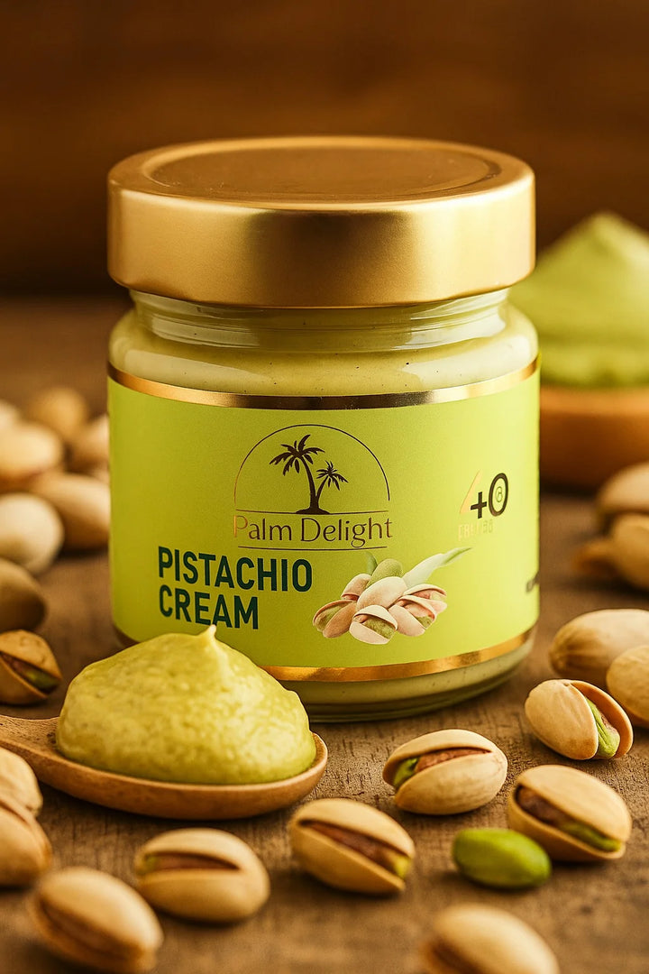 Palm Delight Pistachio Cream, a smooth and indulgent spread crafted from premium pistachios, ideal for desserts, pastries, and adding a rich nutty flavor to recipes.