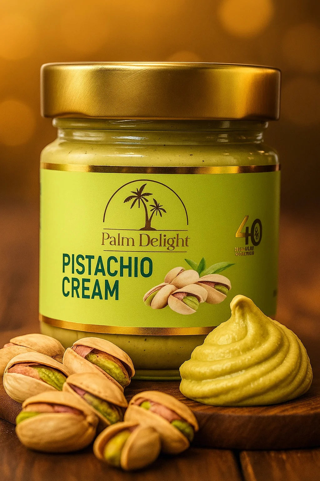 Palm Delight Pistachio Cream, a smooth and indulgent spread crafted from premium pistachios, ideal for desserts, pastries, and adding a rich nutty flavor to recipes.