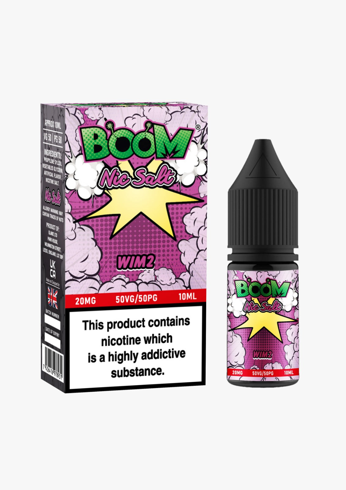 10ml bottle of Boom Nic Salt E-Liquid in Wim2 flavor, 50/50 VG/PG ratio for balanced flavor and vapor, available in 10mg and 20mg nicotine salt strengths, perfect for pod kits.