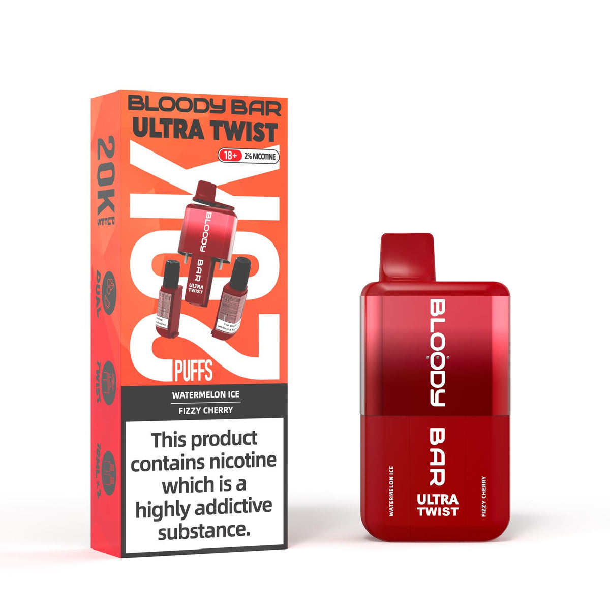 Bloody Bar Ultra Twist Disposable Vape – 20,000 puffs, available in Watermelon Ice or Fizzy Cherry flavors.