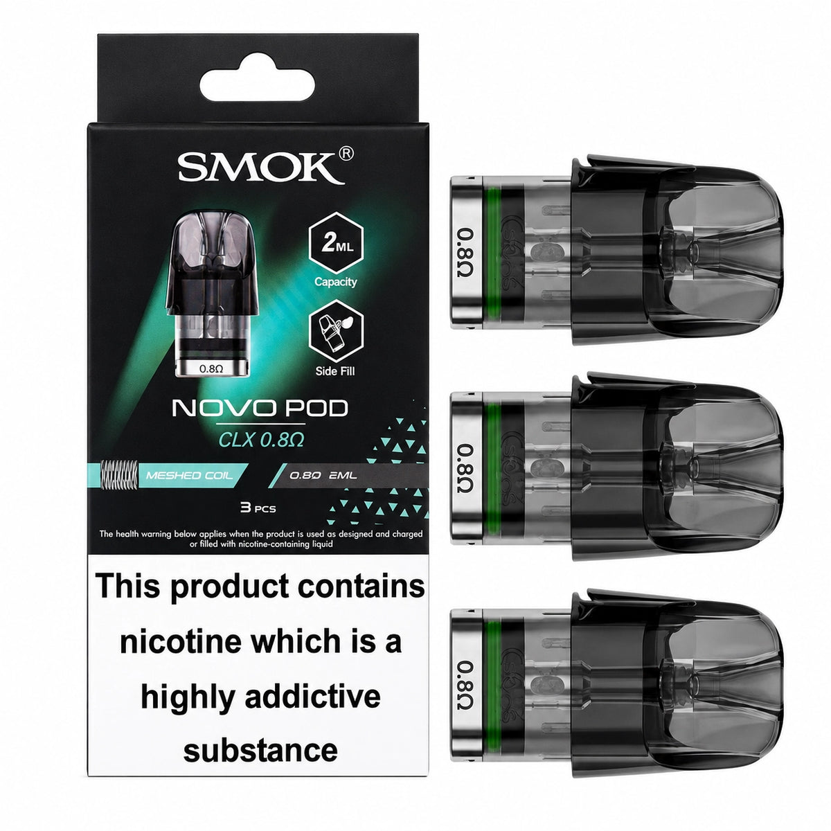 Smok Novo Meshed CLX Pods packaging, 0.8ohm RDL and 0.8ohm MTL, 3 pack