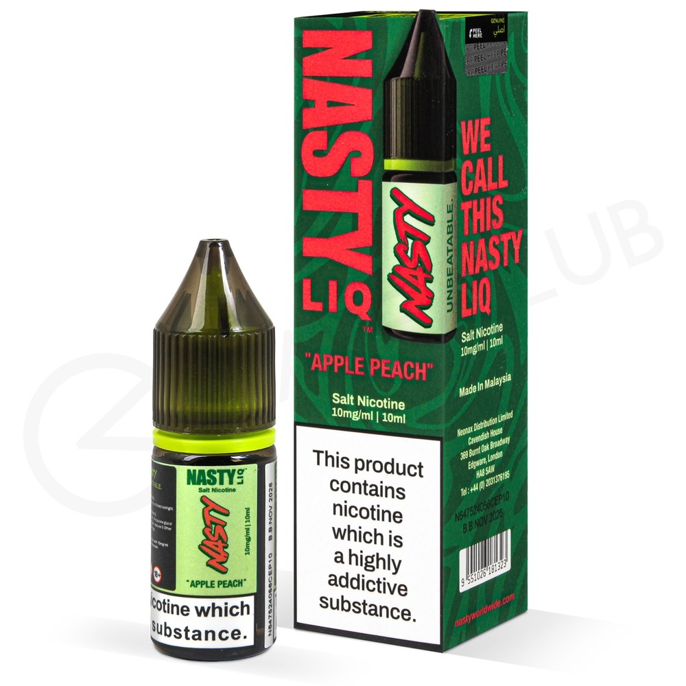 Nasty Liq Apple Peach Nic Salt Vape Juice – sleek 10 ml bottle featuring a crisp apple and juicy peach blend with smooth nicotine salts, ideal for pod-system vaping and easy dropper filling.