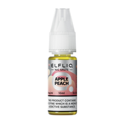 A product image showing a 10ml bottle of Elf Bar ElfLiq Apple Peach Nic Salt Vape Juice with a label indicating the flavor and nicotine content.